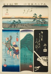 Shimada, Fujieda, Okabe e Mariko, no. 6 dalla serie "Ritagli delle cinquantatré stazioni (Gojusan tsugi harimaze)" da Utagawa Hiroshige
