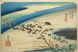 Shimada: La Banca Suruga del Fiume Oi, dalla serie "Le Cinquantatré Stazioni della Strada Tokaido" da Utagawa Hiroshige