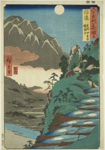 Provincia di Shinano: La Luna Riflessa nei Campi di Riso di Sarashina vicino al Monte Kyōdai (Shinano, Sarashina tagoto no tsuki, Kyōdaisan), dalla serie Luoghi Famosi nelle Sessanta e Più Province (Rokujūyoshū meisho zue) da Utagawa Hiroshige