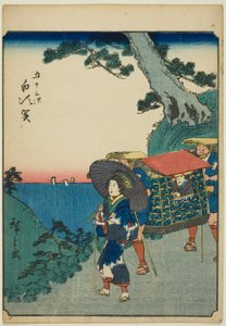 Shirasuka, dalla serie "Le cinquantatré stazioni [del Tokaido] (Gojusan tsugi)," conosciuta anche come il Tokaido delle figure (Jinbutsu Tokaido) da Utagawa Hiroshige