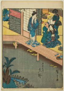 Shono, dalla serie "Le cinquantatré stazioni [del Tokaido] (Gojusan tsugi)," anche conosciuta come il Tokaido delle figure (Jinbutsu Tokaido) da Utagawa Hiroshige