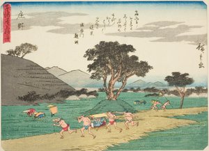 Shono, dalla serie "Cinquanta-tre Stazioni del Tokaido (Tokaido gojusan tsugi)," anche conosciuta come il Tokaido con Poesia (Kyoka iri Tokaido) da Utagawa Hiroshige