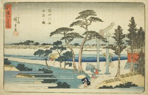 Pioggia alla diga del fiume Sumida (Sumidagawa zutsumi hakuu no zu), dalla serie "Nuovi luoghi famosi selezionati di Edo (Shinsen Edo meisho)" da Utagawa Hiroshige