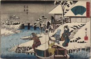 Scena di neve al Tempio Mokubo-ji e al Ristorante Uekiya, c. 1835-1842