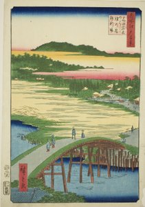Ponte Sugatami, Ponte Omokage e la cava di ghiaia a Takata (Takata Sugataminohashi Omokagenohashi jariba), dalla serie "Cento vedute famose di Edo (Meisho Edo hyakkei)" da Utagawa Hiroshige