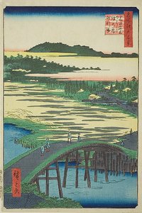 Ponte Sugatami, ponte Omokage e cava di ghiaia a Takata (Takata Sugataminohashi Omokagenohashi jariba), n. 116 della serie "Cento vedute famose di Edo (Meisho Edo hyakkei)". da Utagawa Hiroshige