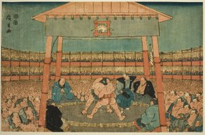 Incontro di sumo nei recinti del tempio Ekoin (Ekoin keidai sumo no zu), dalla serie "Ryogoku nella capitale orientale (Toto Ryogoku)"