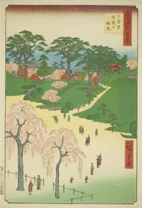 Giardini del tempio a Nippori (Nippori jiin no rinsen), dalla serie "Cento vedute famose di Edo (Meisho Edo hyakkei)" da Utagawa Hiroshige
