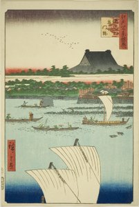 Teppozu e il Tempio Tsukiji Honganji (Teppozu Tsukiji Monzeki), dalla serie "Supplemento alle Cento Vedute Famose di Edo (Edo hyakkei yokyo)" da Utagawa Hiroshige