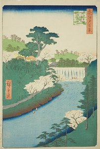 La diga sul fiume Otonashi a Oji, comunemente chiamata "la grande cascata" (Oji Otonashigawa entai, sezoku Otaki to tonau), n. 19 della serie "Cento vedute famose di Edo (Meisho Edo hyakkei)". da Utagawa Hiroshige