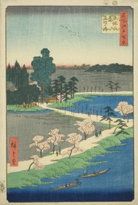 Gli alberi di canfora intrecciati al Santuario di Azuma (Azuma no mori Renri no azusa), dalla serie "Cento famosi vedute di Edo (Meisho Edo hyakkei)" da Utagawa Hiroshige
