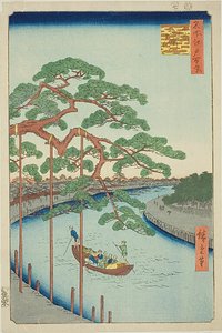 I cinque pini sul fiume Onagi (Onagigawa Gohonmatsu), n. 97 della serie "Cento vedute famose di Edo (Meisho Edo hyakkei)". da Utagawa Hiroshige