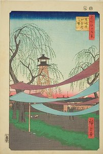 Il maneggio di Hatsune a Bakuro-cho (Bakuro-cho Hatsune no Baba), n. 6 della serie "Cento vedute famose di Edo (Meisho Edo hyakkei)". da Utagawa Hiroshige