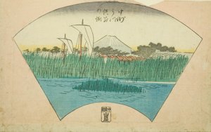 La Profondità della Separazione del Fiume a Tre Rami a Nakasu (Nakasu Mitsumata Wakarenofuchi), sezione di un foglio dalla serie "Immagini Ritagliate di Luoghi Famosi di Edo (Edo meisho harimaze zue)" da Utagawa Hiroshige