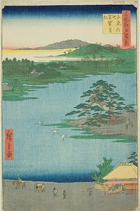 Il pino appeso allo stagno di Senzoku (Senzoku no ike Kesakakematsu), n. 110 della serie "Cento vedute famose di Edo (Meisho Edo hyakkei)". da Utagawa Hiroshige