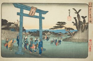 Il santuario Tomigaoka Hachiman a Fukagawa (Fukagawa Tomigaoka Hachiman), dalla serie "Luoghi famosi di Edo (Koto meisho)" da Utagawa Hiroshige