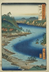 Provincia di Totomi: Lo stretto ingresso di Inasa vicino al Tempio Kanzan sul Lago Hamana a Horie (Totomi, Hamana no umi, Horie Kanzanji, Inasa no hosoe), dalla serie "Luoghi famosi nelle sessanta e più province (Rokujuyoshu meisho zue)" da Utagawa Hiroshige