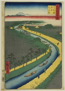 Rimorchiatori lungo il canale Yotsugidori (Yotsugidori yosui hikifune), dalla serie "Cento vedute famose di Edo (Meisho Edo hyakkei)". da Utagawa Hiroshige