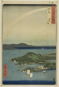 Provincia di Tsushima: Serata limpida sulla costa (Tsushima, kaigan yubare), dalla serie "Luoghi famosi delle sessanta province (Rokujuyoshu meisho zue)". da Utagawa Hiroshige