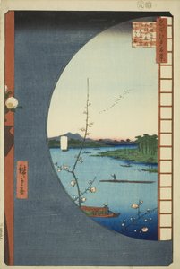 Vista da Massaki del Santuario Suijin, Ingresso Uchigawa e Sekiya (Massaki hen yori Suijin no mori Uchigawa Sekiya no sato o miru zu), dalla serie "Cento famose vedute di Edo (Meisho Edo hyakkei)" da Utagawa Hiroshige