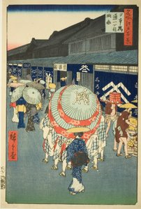Vista di Nihonbashi Tori-itchome (Nihonbashi Tori-itchome ryakuzu), dalla serie "Cento vedute famose di Edo (Meisho Edo hyakkei)"