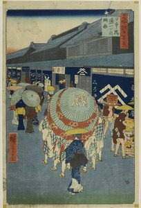 Veduta di Nihonbashi Tori-itchome (Nihonbashi Tori-itchome ryakuzu), dalla serie "Cento vedute famose di Edo (Meisho Edo hyakkei)". da Utagawa Hiroshige