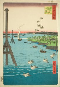 Veduta della baia di Shiba (Shibaura no fukei), dalla serie "Cento vedute famose di Edo (Meisho Edo hyakkei)" da Utagawa Hiroshige