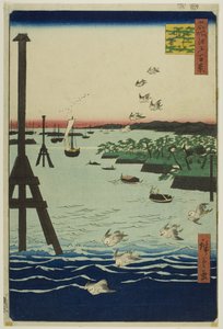 Veduta della baia di Shiba (Shibaura no fukei), dalla serie "Cento vedute famose di Edo (Meisho Edo hyakkei)". da Utagawa Hiroshige