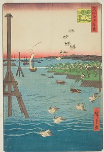 Veduta della costa di Shiba (Shibaura no kei), con sfumature di acqua azzurra, n. 108 della serie Cento vedute famose di Edo (Meisho Edo hyakkei) da Utagawa Hiroshige