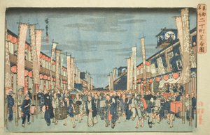 Veduta dei teatri a Nichomachi (Nichomachi shibai no zu), dalla serie "Luoghi famosi della Capitale Orientale (Toto meisho)" da Utagawa Hiroshige