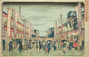 Veduta dei Teatri di Nichomachi (Nichomachi shibai no zu), dalla serie "Luoghi Famosi della Capitale Orientale (Toto meisho)" da Utagawa Hiroshige