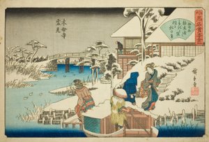 Guardando la Neve al Ristorante Uekiya al Tempio Mokubo (Mokuboji yukimi, Uekiya) dalla serie "Ristoranti Famosi di Edo (Edo komei kaitei zukushi)" da Utagawa Hiroshige