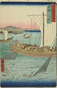 Provincia di Wakasa: barca da pesca che cattura sogliole (Wakasa, gyosen karei ami), dalla serie "Luoghi famosi nelle sessanta e più province (Rokujuyoshu meisho zue)" da Utagawa Hiroshige