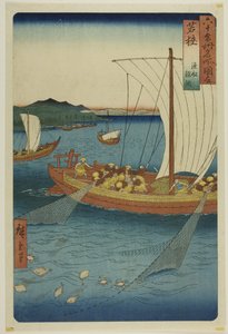 Provincia di Wakasa: Barca da pesca con rete per pesci piatti (Wakasa, gyosen karei ami), dalla serie "Luoghi famosi delle sessanta province (Rokujuyoshu meisho zue)". da Utagawa Hiroshige