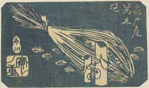 Intagli di Usignoli e Vongole di Kameido (Kameido san Uguisu ki shijimi), sezione di un foglio dalla serie "Ritagli di Luoghi Famosi di Edo (Harimaze Koto meisho)" da Utagawa Hiroshige