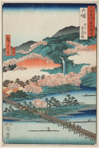 Provincia di Yamashiro: il ponte Togetsu sul monte Arashi (Yamashiro, Arashiyama Togetsukyo), dalla serie "Luoghi famosi delle sessanta province (Rokujuyoshu meisho zue)". da Utagawa Hiroshige