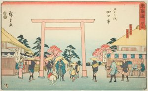 Yokkaichi: La giunzione della strada per il Santuario di Ise al villaggio di Hinaga (Yokkaichi, Hinagamura oiwake, Sangudo)—No. 44, dalla serie "Le cinquantatré stazioni del Tokaido (Tokaido gojusan tsugi)," anche conosciuta come il Tokaido Reisho da Utagawa Hiroshige