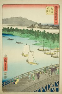 Yoshida: Grande ponte sul fiume Toyo (Yoshida, Toyokawa ohashi), n. 35 dalla serie "Luoghi famosi delle cinquantatré stazioni (Gojusan tsugi meisho zue)", noto anche come il Tokaido verticale da Utagawa Hiroshige