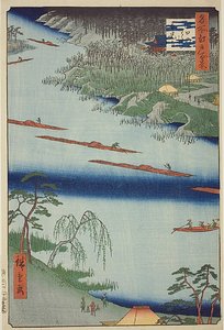 Tempio Zenkoji e traghetto di Kawaguchi (Kawaguchi no watashi Zenkoji) con striscia blu scuro, n. 20 della serie "Cento vedute famose di Edo (Meisho Edo hyakkei)".