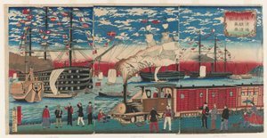 Immagine di una locomotiva lungo il lungomare di Yokohama, periodo Edo da Utagawa Hiroshige III