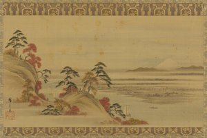 Paesaggio fluviale: fogliame rosso e Monte Fuji, periodo Edo, metà XIX secolo