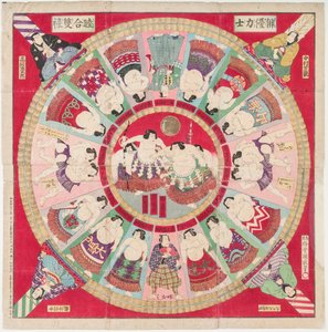 Gioco di sugoroku (gioco da tavolo tradizionale decorato con lottatori di sumo e scene di combattimento)
