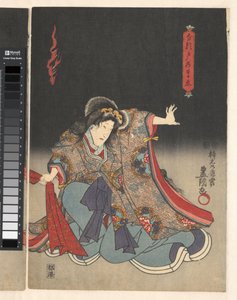 Attore come donna che tira un panno rosso da Utagawa Kunisada (I)