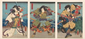 Tre attori kabuki che tirano uno stendardo rosso