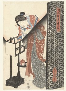 Donna vicino alla lampada (appuntamenti segreti notturni al chiaro di luna) da Utagawa Kunisada (I)