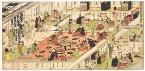 Una rappresentazione tutto esaurito viene festeggiata dietro le quinte del teatro kabuki Nakamura da Utagawa Kunisada