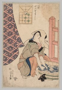 Donna seduta che lava i vestiti in una tinozza di legno da Utagawa Kunisada