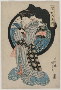 Donna con uno specchio a mano dalla serie I sei fiumi Tama del mondo fluttuante da Utagawa Kunisada