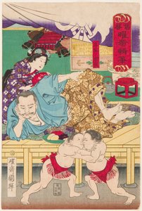 Combattimento di due bambini sumo davanti a Tachibana Muneshige da Utagawa Kuniteru