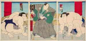 Combattimento dei lottatori di sumo Shakaigawa e Ayasemawa